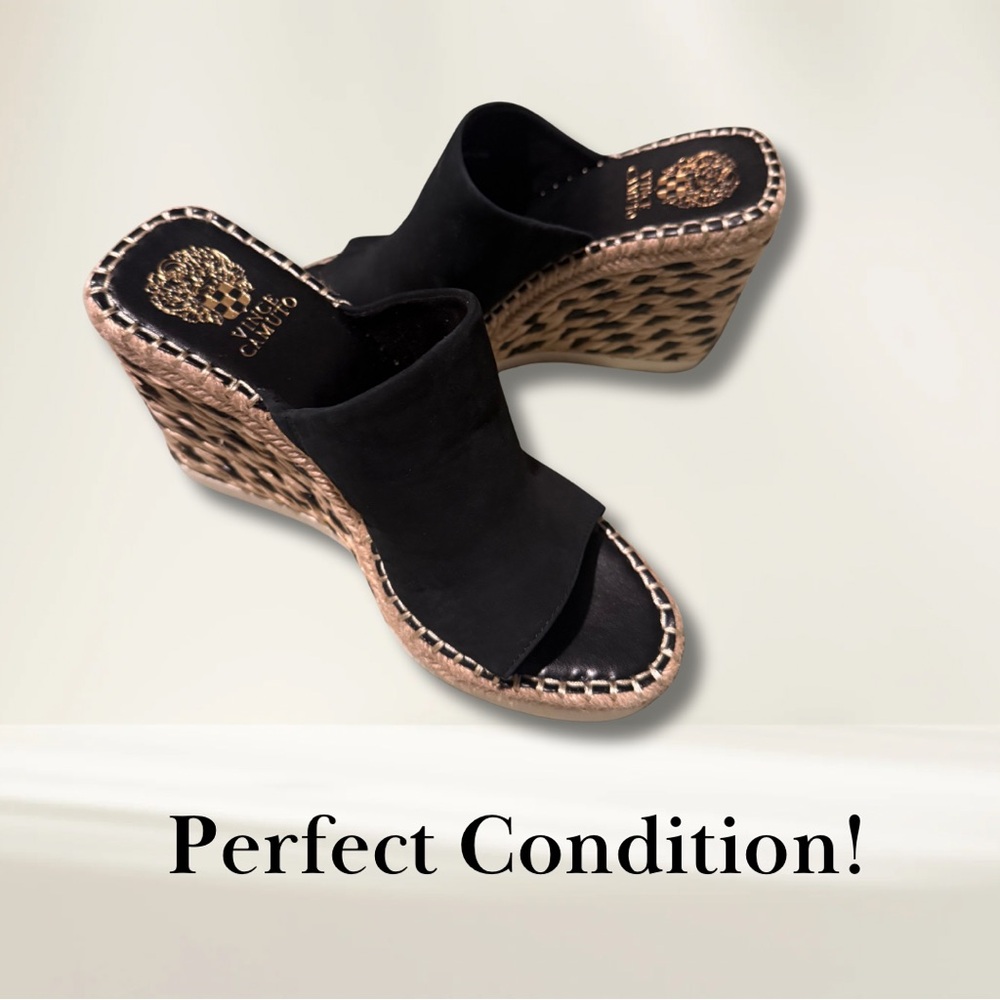 DISCOUNTED SHIPPING Vince Camuto Black and Gold Brissia Wedge Mules - Picture 3 of 4